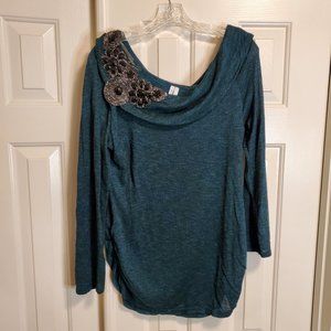 Studio Y Green Cowl Neck Sweater with Black Embellishments